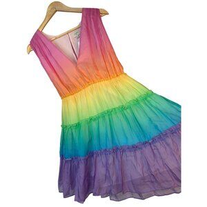 Rainbow Silk Tiered Maxi Dress Sleeveless V-Neck Designer Festival RX10446